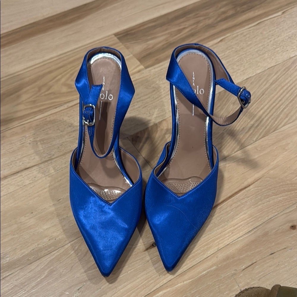 Paolo Blue Satin Stiletto Heels with Ankle Strap - Picture 1 of 3